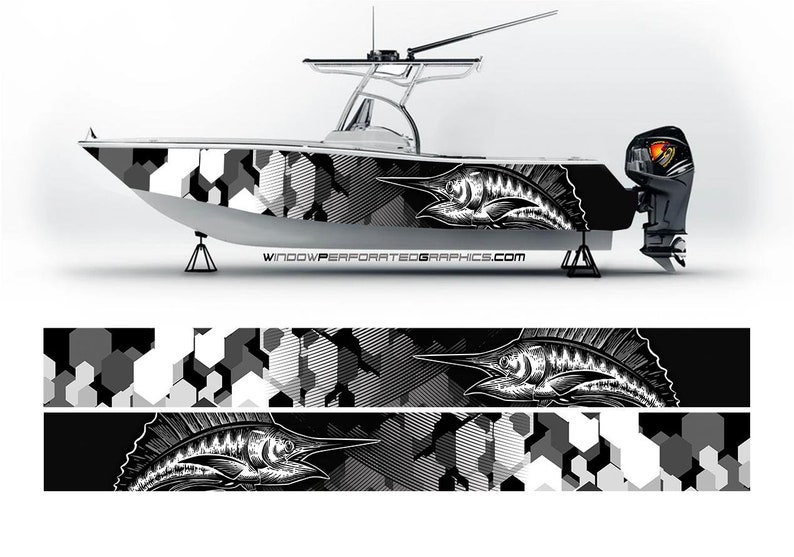 Fishing Boat Trailer - Moro czarno-białe marlinowe ryby graficzne winylowe